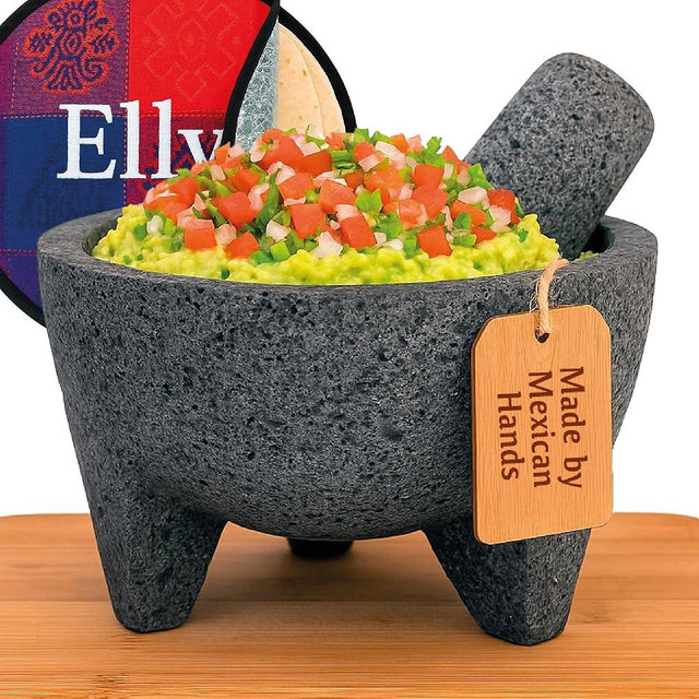 Elly Mexican Molcajete 8in, Handmade with Natural Volcanic Stone, Mortar and Pestle Set for Guacamole, Spices, Salsa, Pesto & More, Authentic Lava Rock, Includes Free Tortilla Warmer