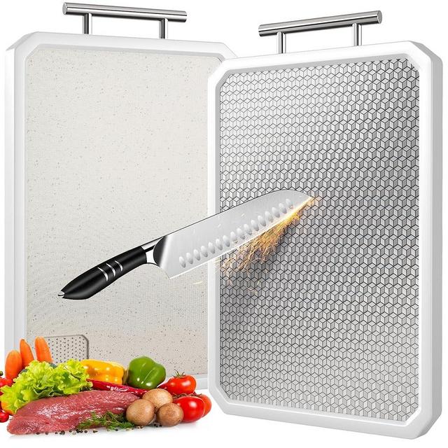 304 Stainless Steel Cutting Board,Double Sided Chopping Board for Kitchen,Scratch Resistant Mesh Design,Anti-Slip Silicone Edges(White,16.3"*11")