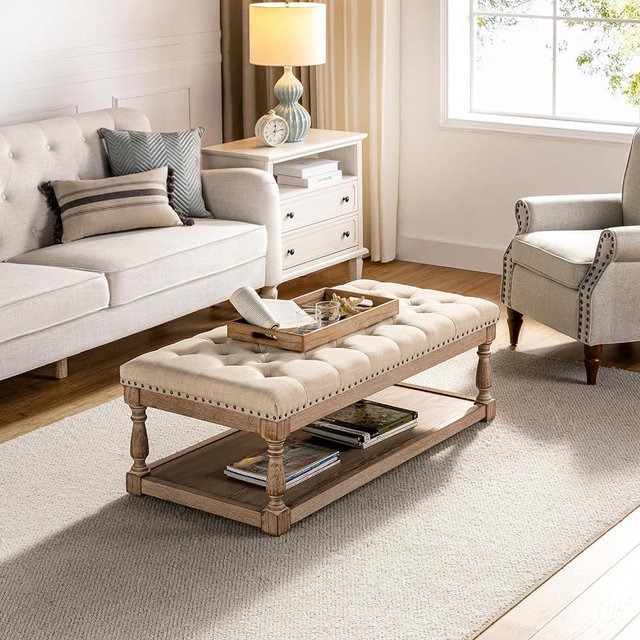 HULALA HOME Storage Tufted Ottoman Coffee Table with Shelf & fruit tray, Large Rectangle Cocktail Ottoman for Living Room, Farmhouse Upholstered Bench with Solid Wood Legs for Bedroom Apartment, LINEN