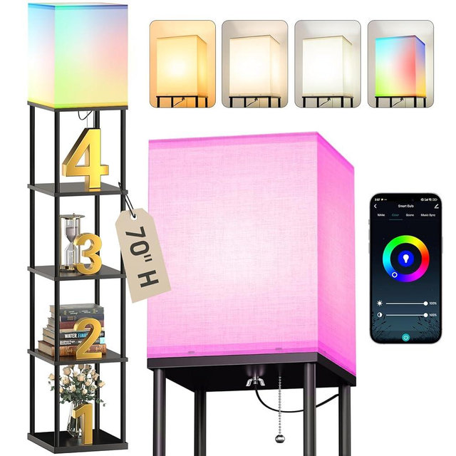 addlon 5-Tier Floor Lamp with Shelves, Modern Shelf Lamp with RGB Smart Bulb, APP Control Standing Lamp with White Lamp Shade, Floor lamp for Living Room, Bedroom (70'' H, Black)