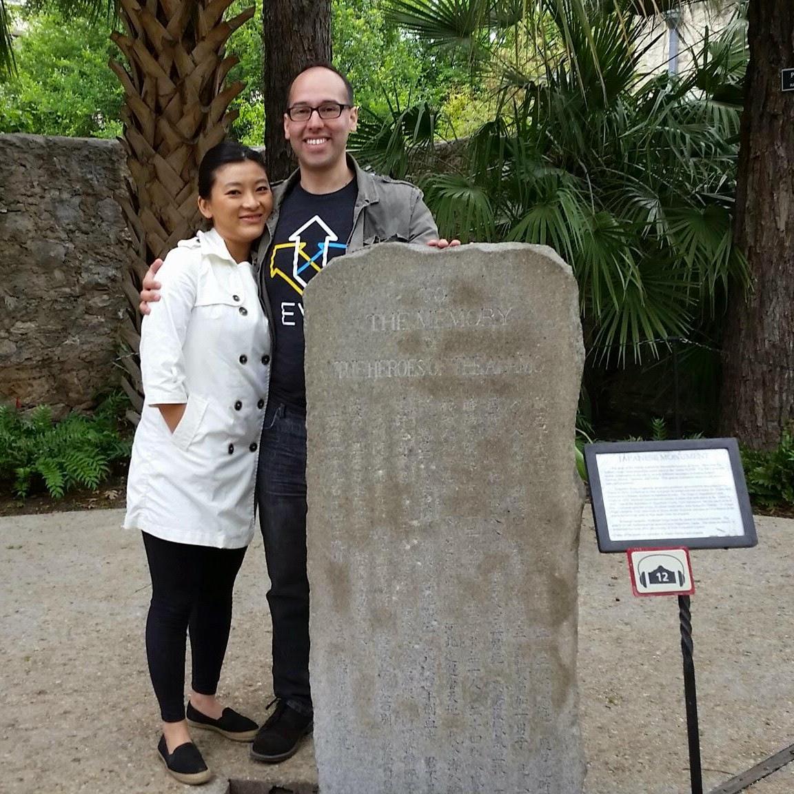 Tone translating the Japanese stone at the Alamo for Diego