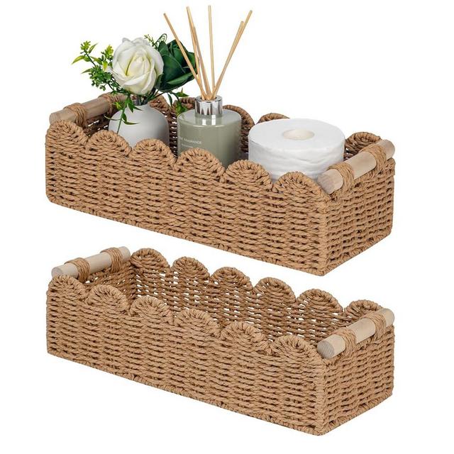 CubesLand Scalloped Decor Basket for Living Room, Home, Bathroom, 2SAME SIZE Paper Rope Basket, Toilet Storage Baskets for Over Toilet Storage Shelf, Cute Woven Basket Both Storage&Decor, Neutral