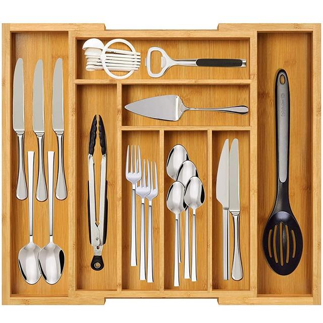 FURNINXS Kitchen Drawer Organizer Expandable , Bamboo Silverware Utensil Holder for Drawer with Drawer Divider for Flatware, Multi-Functional Storage Tray for Home, Bathroom, Office ( 8 Compartments)