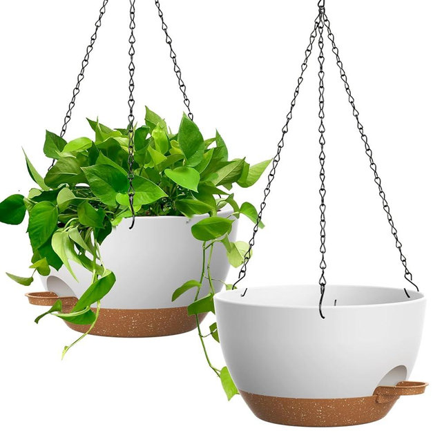 UOUZ 13 Inch 2 Pack Large Self Watering Hanging Planters for Indoor Outdoor Plants, Hanging Plant Pots with Removable 50 Oz Reservoir, Plastic Hanging Basket for Window Porch Garden, White with Brown