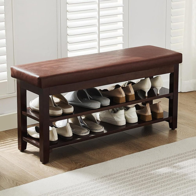 Abbrevi 40" Shoe Bench with Leather Cushion, 2-Tier Shoe Rack Entryway Bench, Wood Bench for Front Door Entrance, Mudroom, Hallway, Wooden Shoe Shelves, Shoe Organizer, Shoe Storage, Brown