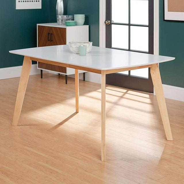 Walker Edison Mid Century Modern Wood Dining Room Table Dining Room Kitchen Set Dining Chairs, 60 Inch, 6 Person , White and Natural