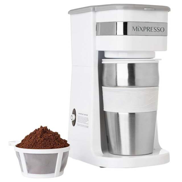 Mixpresso White Personal Single Serve Coffee Maker with 14oz Travel Mug, Drip Small Coffee Maker with Auto Shut Off, Reusable Filter, Works with Ground Coffee Only – Not for K-Cup Pods