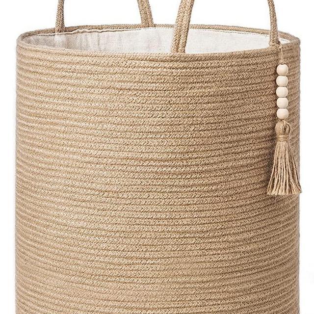 Mkono Tall Wicker Laundry Basket Woven Storage Basket Decorative Natural Rope Basket Wooden Bead Decoration for Blankets,Toys,Clothes,Shoes,Plant Organizer Bin with Handles Living Room 15"Wx17.7"L