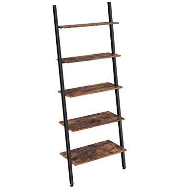 VASAGLE Alinru Ladder Shelf, 5-Tier Bookshelf Rack, Leaning Wall Shelf for Living Room Kitchen Office, Stable Iron, Industrial, Rustic Brown ULLS46BX