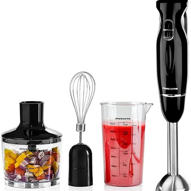 Ovente Immersion Electric Hand Blender 300 Watt Power 2 Mix Speed with Stainless Steel Blades, Handheld Stick Mixer Set with Egg Whisk Attachment Mixing Beaker and BPA-Free Food Chopper, Black HS565B