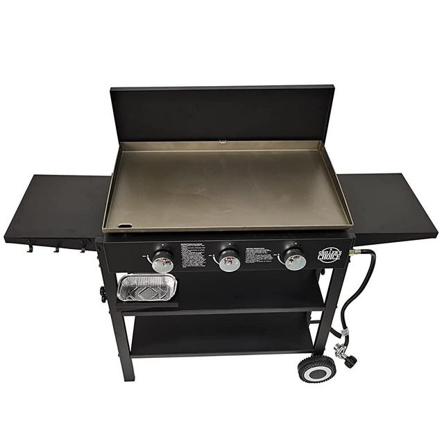 Griller's Choice Outdoor Griddle Grill Propane Gas Flat Top - Hood Included, 4 Shelves, Disposable Grease Cups, 36,000 BTU's, Large Cooking Area.