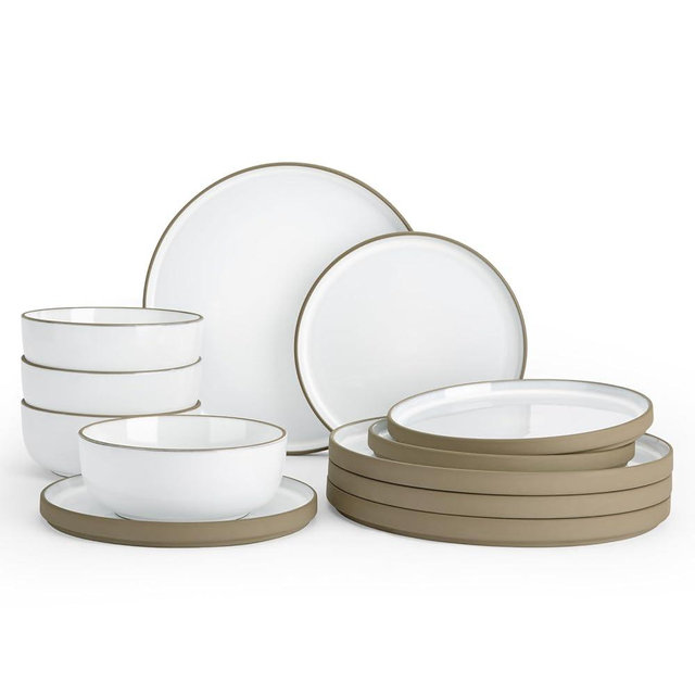Famiware Nature Plates and Bowls Sets, 12 Pieces Stoneware Dinnerware Sets, Dishes Set for 4, Dishware Sets, Microwave and Dishwasher Safe, Snowy White