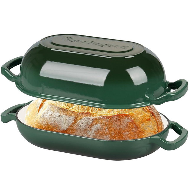 VORRINGARD Enameled Cast Iron Sourdough Bread Oven, Dutch Oven, Loaf Cast Iron Bread Pan for Homemade Bread Baking, Meatloaf Pan with Lid, 5QT, Dark Green