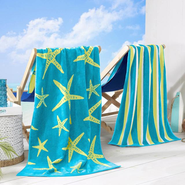 2 Pack Plush Blue & Yellow Star Fish & Stripes Print Beach Towels. 100% Cotton Nautical Beach Towels, Large Pool Towels. Maui Collection (30”x60”)