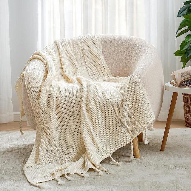 Cozy Bliss Honeycomb Knit Throw Blanket with Hand-Made Tassel Soft Cozy Acrylic Knitted Throw Decorative Woven Blanket for Couch, Bed,Sofa, 50x60 inches, Ivory