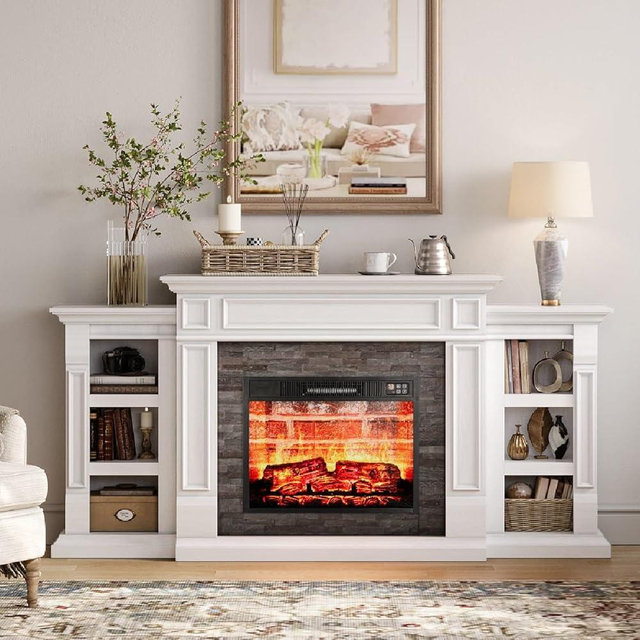 Naice 72" Electric Fireplace with Mantel and Cabinets, Fireplace TV Stand for Living Room Bedroom, Stacked Stone Surround and Remote Control 3D Realistic Flame, Black