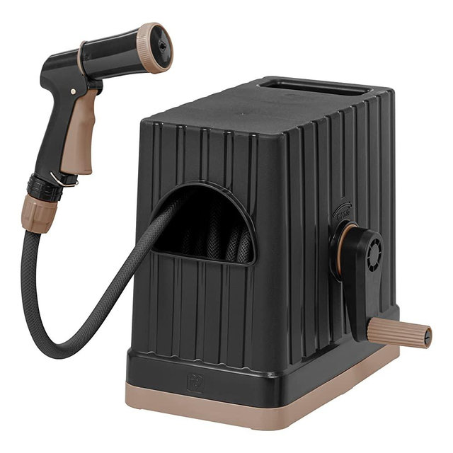 IRIS USA, Inc. 49.21 FT All-in-One Retractable Hose Reel with Garden Hose, Nozzle and Hose Connector, Black, 590119