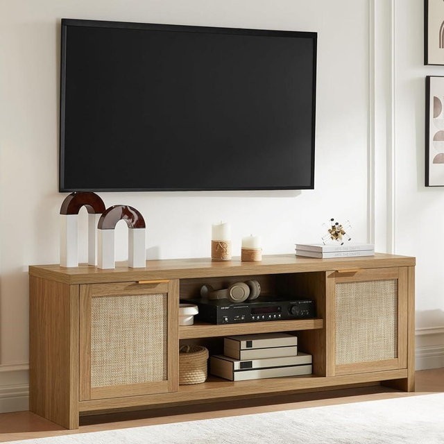 OAKHAM HOME Hampstead 65 inch TV Stand for Living Room, Modern Entertainment Center with Storage, 2 Rattan Doors Cabinet Media Console, TV Console Table (Special Walnut)