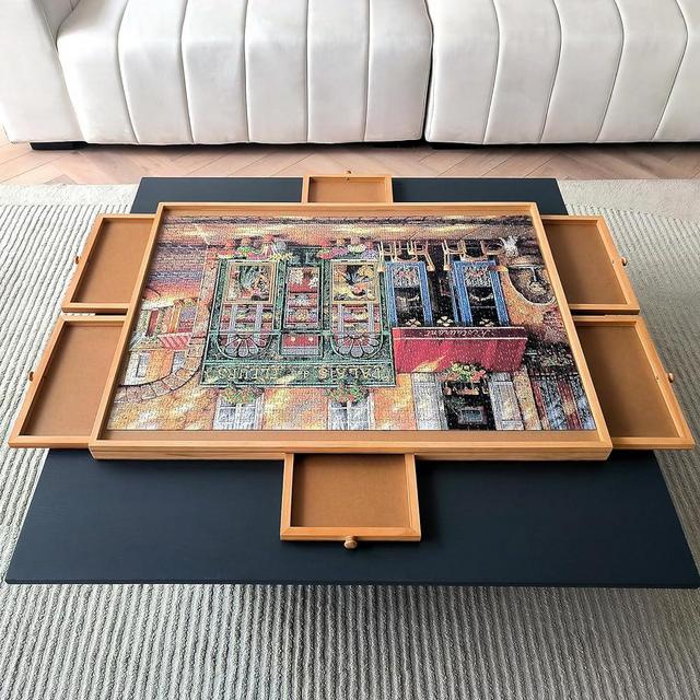 ENERIDIO Wooden Puzzle Table with 6 Drawers and Cover, Adult Portable Puzzle Board, 40 "x 28" Lazy Susan Rotating Puzzle Table, Used for Puzzle Storage and Sorting, can Hold 2000 Pieces