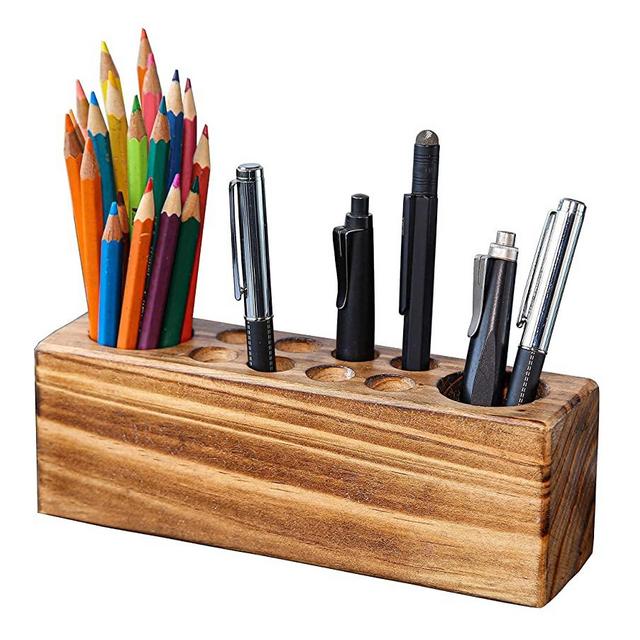 Desk Pen Holder, Solid Wood Desk Organizer, Rustic Wooden Pencil Holder, HoffengWell Fountain Pen Holder, Office Pens Holder for Desk