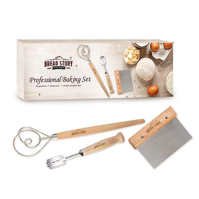 Bread Story Danish Whisk Dough Lame Slashing Tool And Wooden Scraper Tool Used for Pastry Baking Sourdough Starter Kit Set of 3