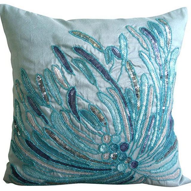 The HomeCentric Blue Decorative Pillow Cover, Aqua Sequins Beaded Beach Ocean Pillow Cover, 18x18 inch (45x45 cm) Throw Pillow Cover, Silk Pillow Cover, Floral Mediterranean Blue Throw - Water Burst