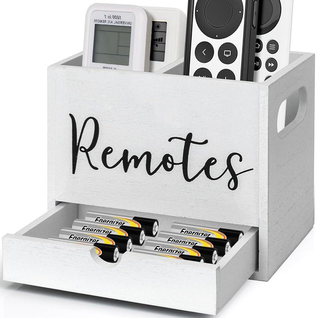 Remote Control Holder, 2 Slot TV Remote Holder& Desk Organizer with Drawers, Remote Organizer Caddy for Table, Wooden Remote Box for Nightstand,Media Storage Box for Living Room, Bed (White)