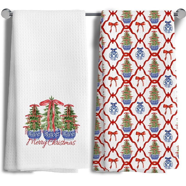 MANCUNCER Blue and White Chinoiserie Christmas Tree Kitchen Towels,Christmas Dish Towels for Kitchen，Xmas Hand Towels for Bathroom，Grandmillennial Home Decor， 16x24 Inch