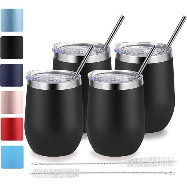 Stemless Wine Tumbler with Lid and Straw, Bastwe 4 Pack 12oz Stainless Steel Wine Glass, Double Wall Insulated Wine Tumbler for Champagne, Cocktail, Beer, Coffee, Drinks (Black)