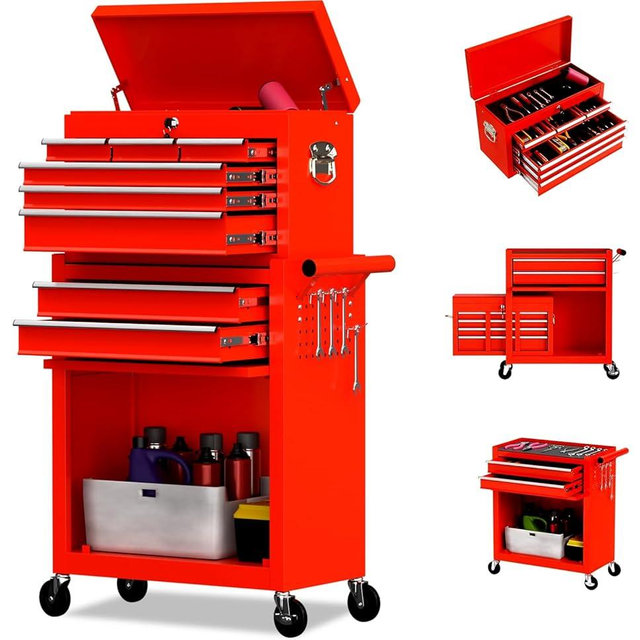 8 Drawer Rolling Tool Chest, High Capacity Tool Box with Lockable Wheels and Drawers, 2 in 1 Portable Toolbox Organizer Storage Cabinet For Garage, Warehouse, Repair Shop, Red