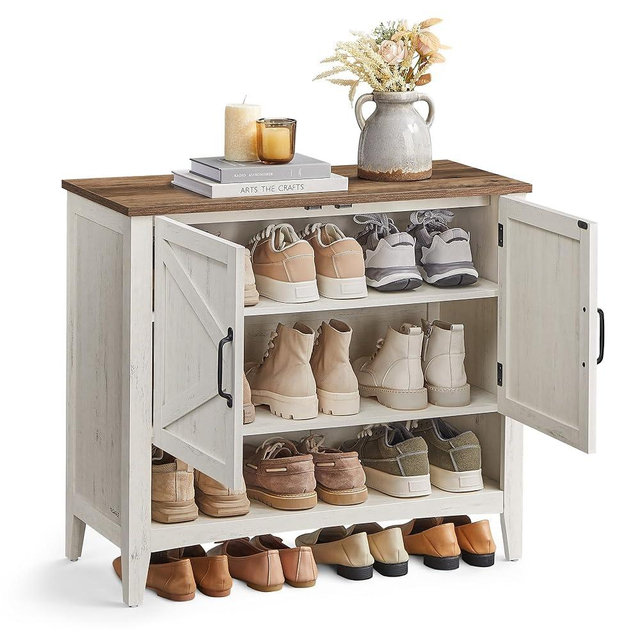 VASAGLE Shoe Cabinet, 3-Tier Shoe Storage Organizer, Shoe Shelf, Traditional American, Freestanding Cabinet with Height-Adjustable Shelf, 13.8 x 31.5 x 27.6 Inches, Entryway, Rustic White ULBC038W01