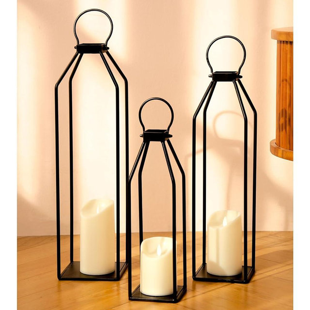 Perfnique Set of 3 Black Metal Lanterns w/ 6hr Timer Flickering Flameless Candles, Modern Farmhouse Lanterns Decorative for Outdoor Decor, Home, Front Porch, Indoor, Patio, Dining Table, Garden, Firep