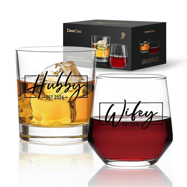 DeeCoo His & Hers Wine and Whiskey Glass Set: Unique Wedding Gift for Couples, Mr & Mrs, Bride & Groom Hubby & Wifey (2026 Newlywed & Bridal Shower Gift)