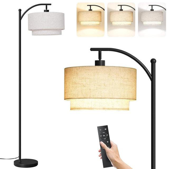 SUNMORY Floor Lamps for Living Room with 12W Remote and Dimmable Bulb, LED Arc Lamp, Modern Floor Lamps with Adjustable Double Fabric Shades, Tall Standing Lamp for Bedroom, Corner, Home Decor