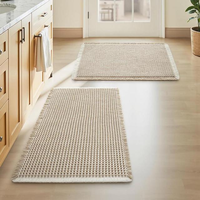 Upgraded Waffle Bath Mat Set of 2, Super Absorbent Non Slip Bath Mats for Bathroom Floor, Washable Boho Bathroom Rugs Set 2 Piece with Tassels, Soft Bathroom Mat Set, 17" x 24" +18" x 30", Brown Cream