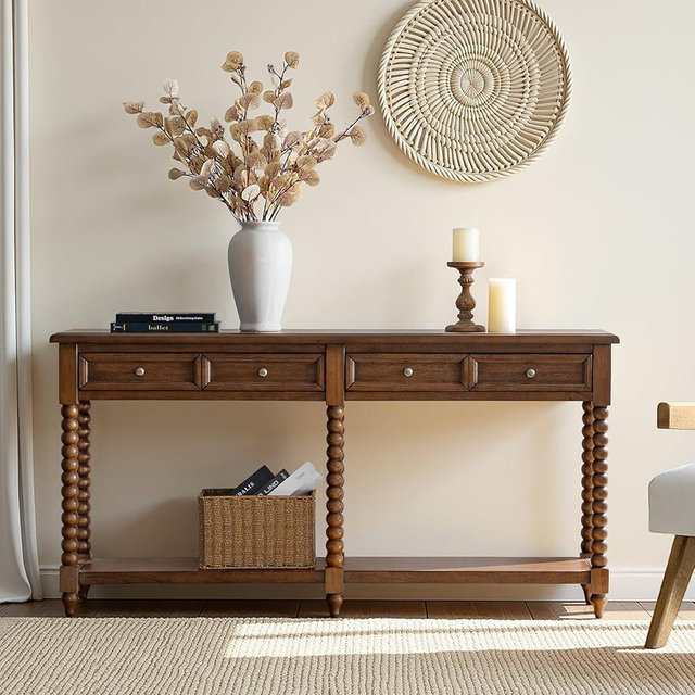 HULALA HOME Entryway Console Table with Drawers, Solid Wood Farmhouse Behind Sofa Table with Open Shelf for Living Room, Back of The Couch,Hallway(Walnut Wood Finish