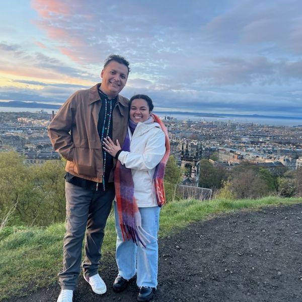 Post-proposal overlooking Calton Hill in Edinburgh, Scotland!