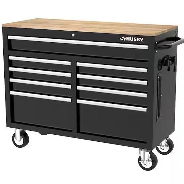 Tool Storage 46 in. W x 18 in. D 9-Drawer Mobile Workbench Cabinet in Gloss Black