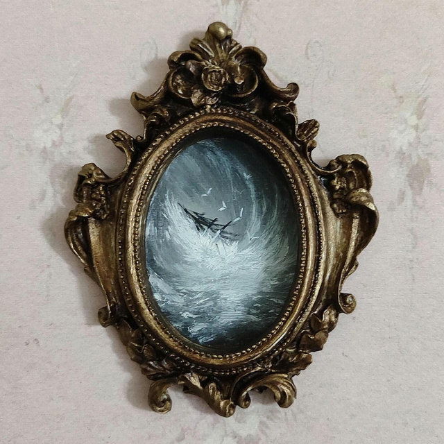 vintage style original oil painting, old framed painting, small framed original oil painting, antique framed board picture,ship in the waves