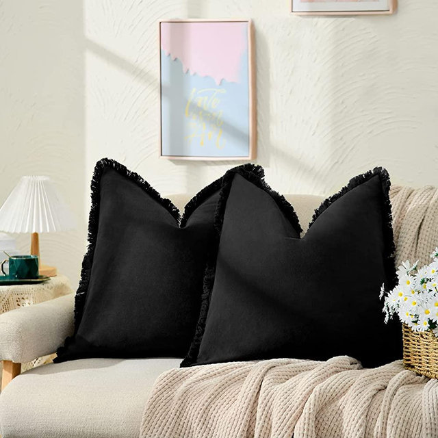 ZWJD Pillow Covers 18x18 Set of 2 Black Throw Pillow Covers with Fringe Chic Cotton Decorative Pillows Square Cushion Covers for Sofa Couch Bed Living Room Farmhouse Boho Decor