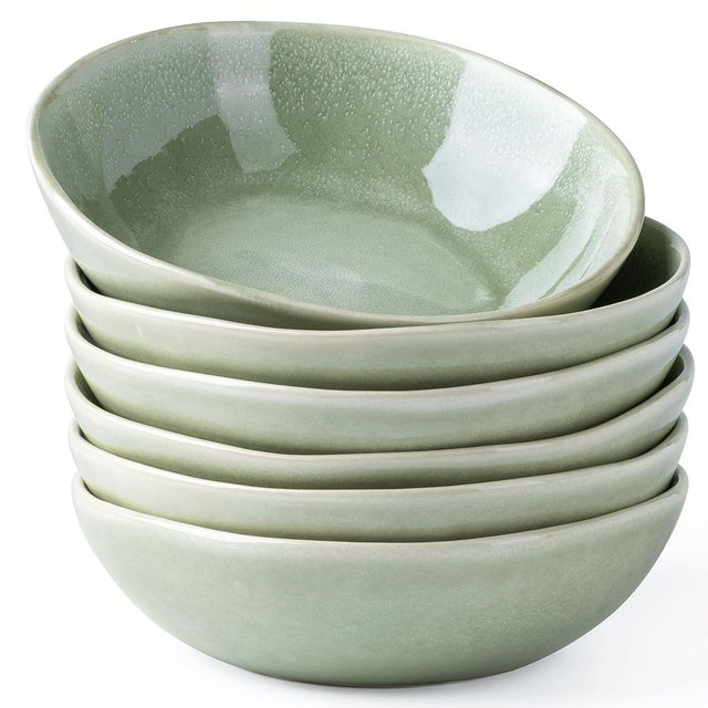 AmorArc Ceramic Cereal Bowls Set of 6, 24 oz Handmade Stoneware Bowls for Cereal Soup Salad Bread, Stylish Kitchen Bowls for Meal, Dishwasher & Microwave Safe-Olive Green