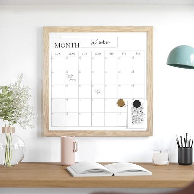 Martha Stewart Everette Magnetic Monthly Calendar Dry Erase Board with Included Dry Erase Marker and 2 Magnets, 18" x 18", Light Natural Woodgrain Frame