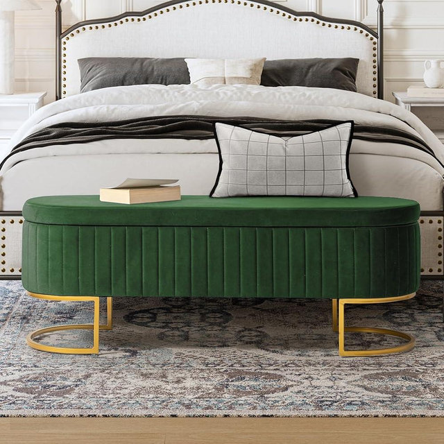 EcoHarbor Living 50" Velvet Bedroom Bench with 2 Additional Ottoman, Upholstered End of Bed Bench with Gold Legs,Entryway Footrest Seat