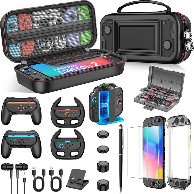 Spican Switch 2 Accessories Bundle 17-in-1, Switch 2 Carrying Case for Switch 2/Switch/Oled, Joypad Charging dock, Switch 2 Protectors, Steering Wheel, Joypad Grip, & More