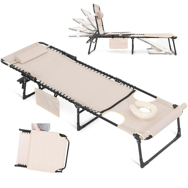 NUU GARDEN Outdoor Foldable Chaise Lounge Chairs - Tanning Chair with Face Hole & Pillow 5-Position Reclining Oxford Fabric - Portable for Beach, Poolside, Patio Camping (Khaki)