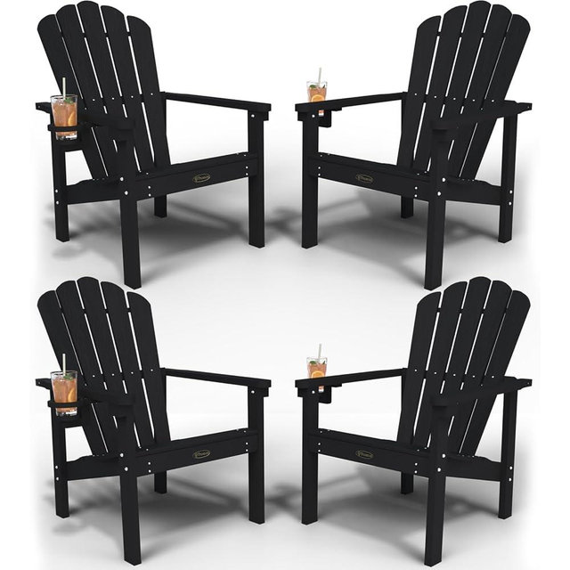 THOEOE Stackable Adirondack Chair Set of 4, HDPE All-Weather Adirondack Chairs - Durable and Space Saving, Plastic Outdoor Fire Pit Chairs with Cup Holder,Black