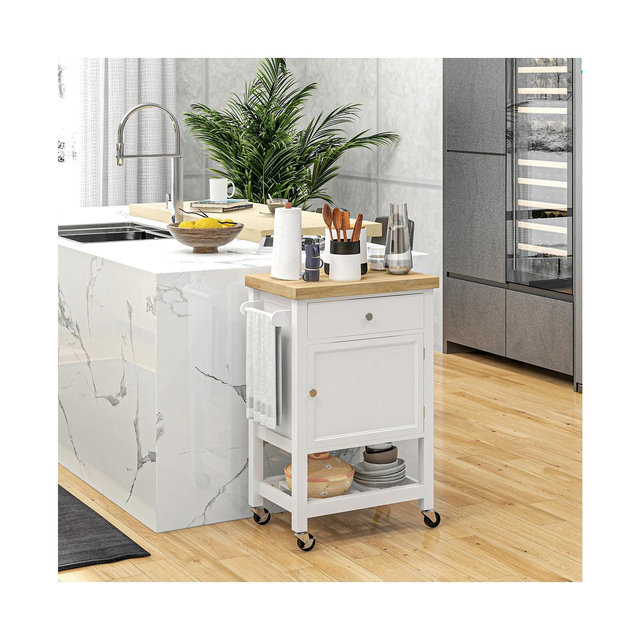 HOMCOM Kitchen Cart, Rolling Kitchen Island with Rubberwood Top,