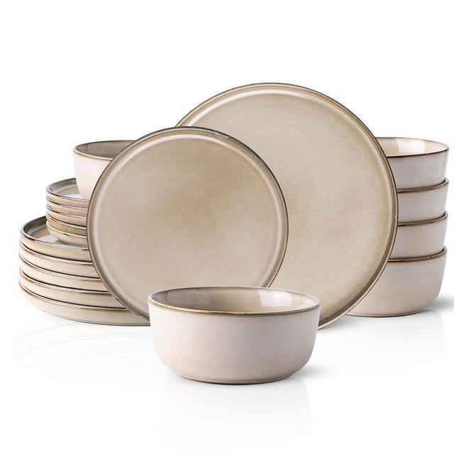 Ceramic Dinnerware Sets for 6, 18 Pieces Stoneware Plates and Bowls Sets, Chip and Scratch Resistant Dishes, Dishwasher & Microwave Safe, Reactive Glaze-Cappuccino