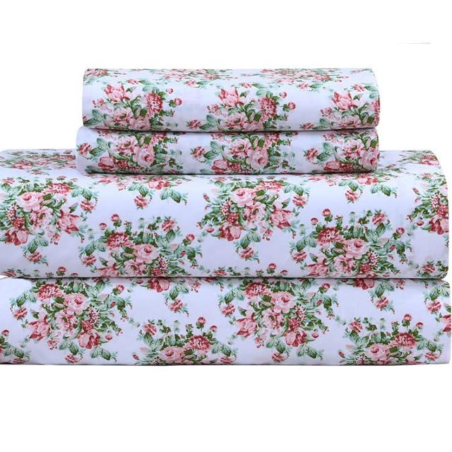 Feather & Stitch Softest 100% Cotton Sheets, 300 Thread Count Percale Weave Bedding, 16" Deep Pocket, Cooling Sheets, Breathable Bed Set, Hotel Premium Quality (Queen, Floral)