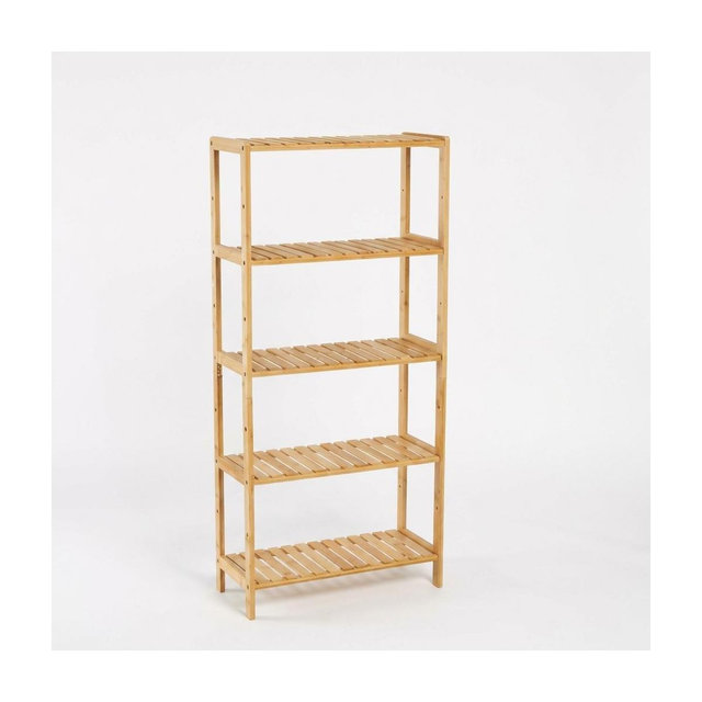 5-Tier Bamboo Shelf – Wide Narrow Plant Stand with Slatted Shelves, Natural Wood Storage Rack for Bathroom, Living Room, Kitchen, Bedroom